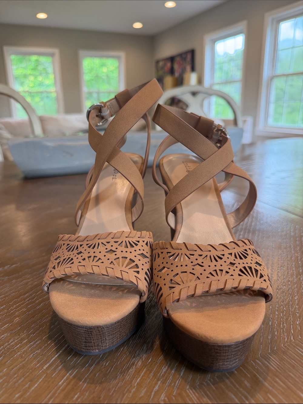 Indigo Women's Tan Laser-Cut Platform Sandals